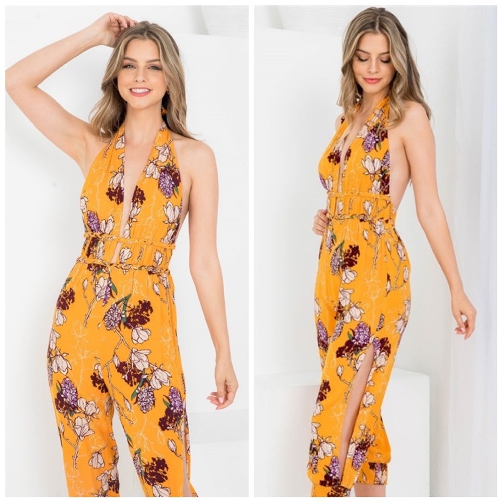 FLORAL DEEP V BOHO HALTER BACK TIE JUMPSUIT